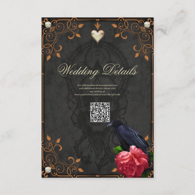 Tarjeta De Recepción Calavera gótica y Raven. (Anverso)