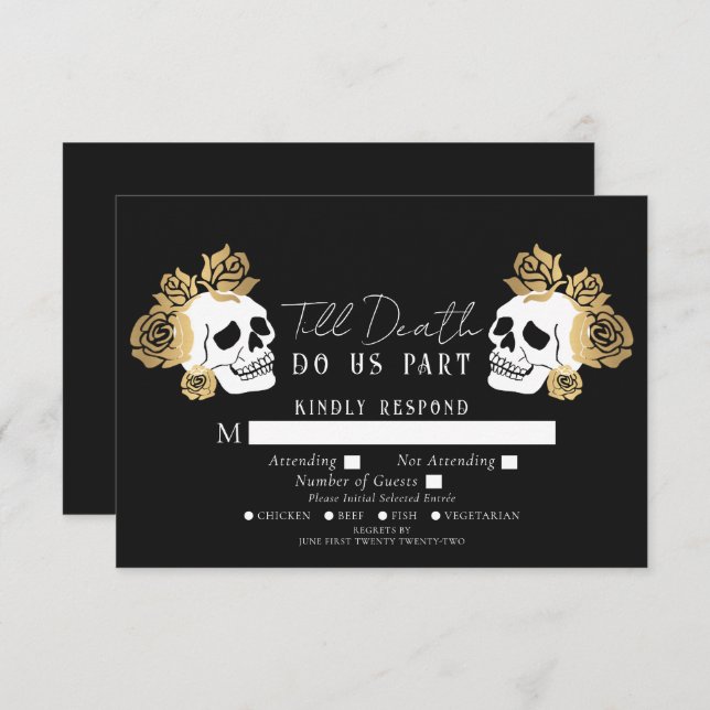 Tarjeta De Recepción Calaveras góticas hasta la boda de la muerte RSVP (Anverso / Reverso)
