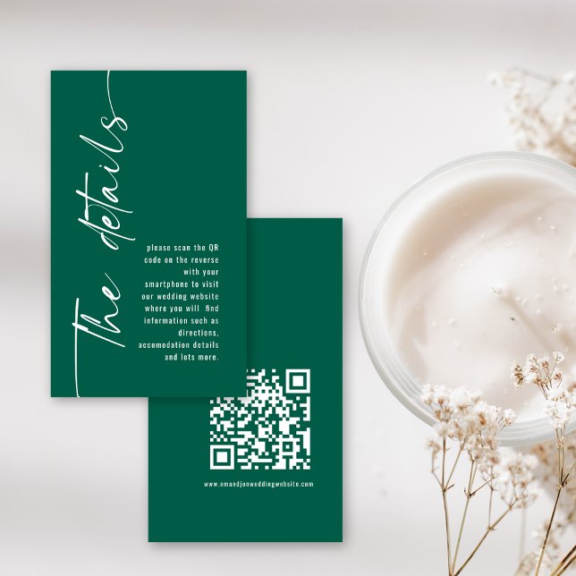 Tarjeta De Recepción Cálculo moderno Código QR Detalles del Boda Esmera (Frotn and back view)