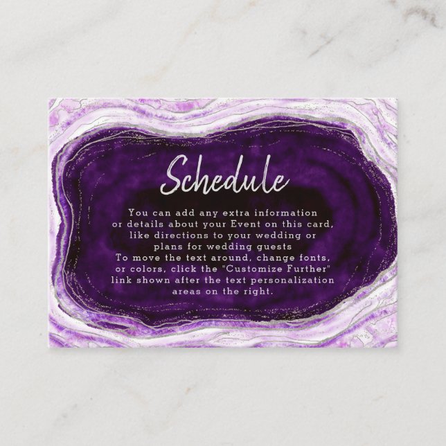 Tarjeta De Recepción Calendario de Boda de Geoda de Morado y Plata (Anverso)