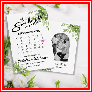 Tarjeta De Recepción Calendario de Bodas con Verde Salvia Save The Date