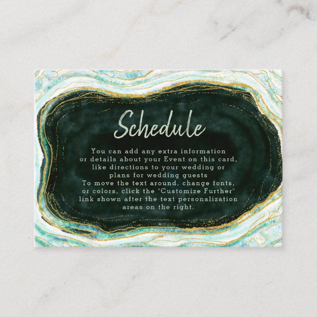 Tarjeta De Recepción Calendario verde azulado de Boda de mármol verde y (Anverso)