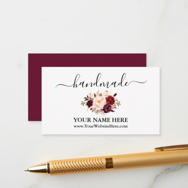 Tarjeta De Recepción Caligrafía acuarela Borgoña Floral Handmade (Anverso/Reverso In Situ)