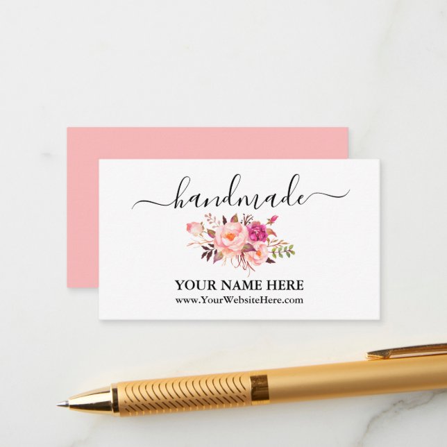 Tarjeta De Recepción Caligrafía acuarela rosa Rubor Floral artesanal (Anverso/Reverso In Situ)