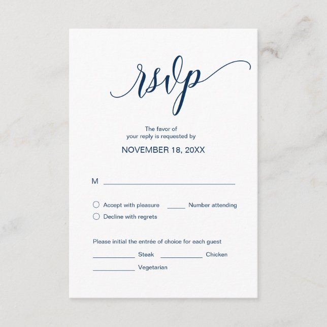 Tarjeta De Recepción Caligrafía azul de la marina moderna, cena Boda RS (Anverso)