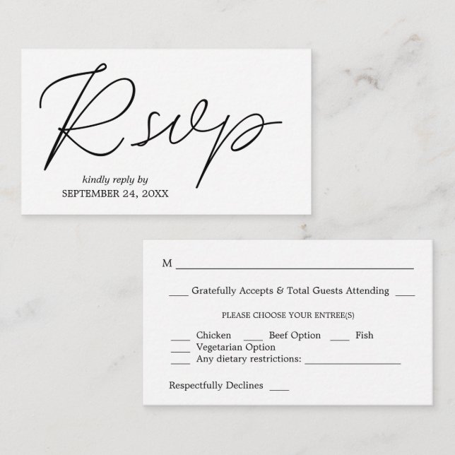 Tarjeta De Recepción Caligrafía blanca y negra de presupuesto 3 RSVP co (Anverso / Reverso)