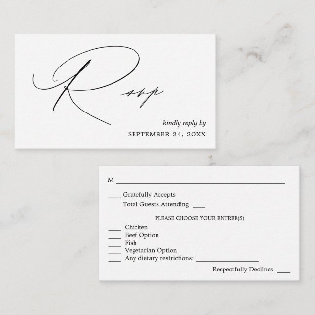 Tarjeta De Recepción Caligrafía blanca y negra de presupuesto 4 con RSV (Anverso / Reverso)