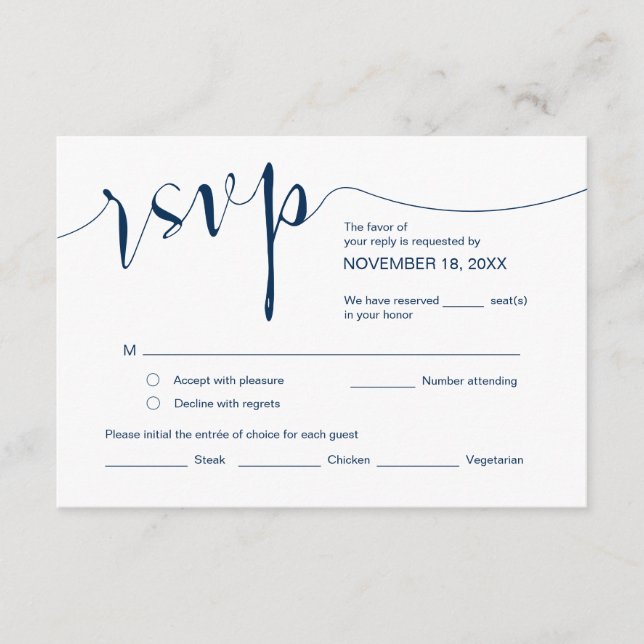 Tarjeta De Recepción Caligrafía boda, azul marino simple, RSVP (Anverso)