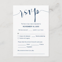 Tarjeta De Recepción Caligrafía boda, azul marino simple, RSVP cena