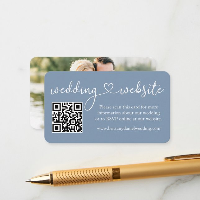 Tarjeta De Recepción Caligrafía Boda corazón Web QR Foto Dusty azul (Anverso/Reverso In Situ)
