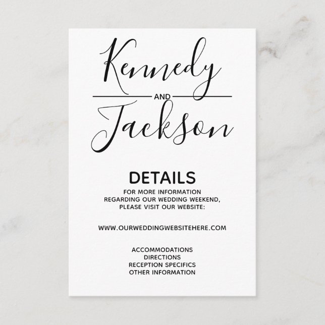 Tarjeta De Recepción Caligrafía Boda de detalles modernos en blanco y n (Anverso)