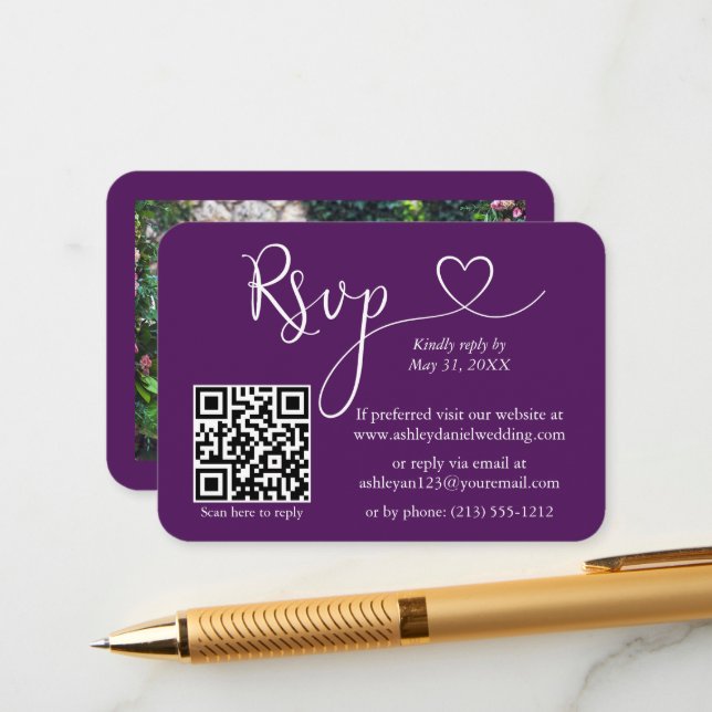 Tarjeta De Recepción Caligrafía Boda de fotografía cardíaca Purple RSVP (Anverso/Reverso In Situ)