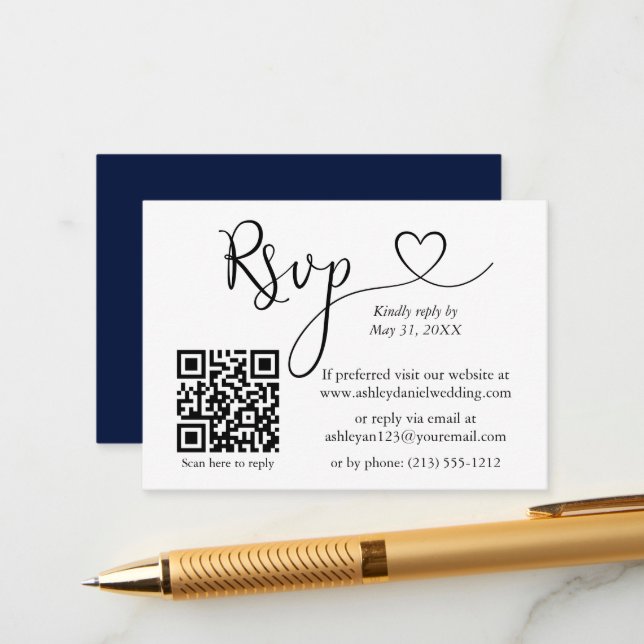 Tarjeta De Recepción Caligrafía Boda del corazón QR Azul RSVP (Anverso/Reverso In Situ)