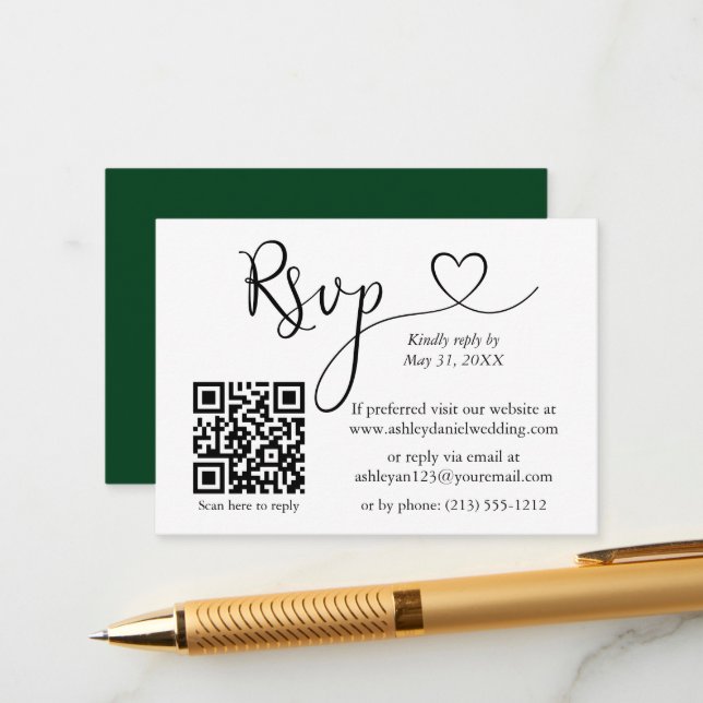 Tarjeta De Recepción Caligrafía Boda del corazón QR Green RSVP (Anverso/Reverso In Situ)