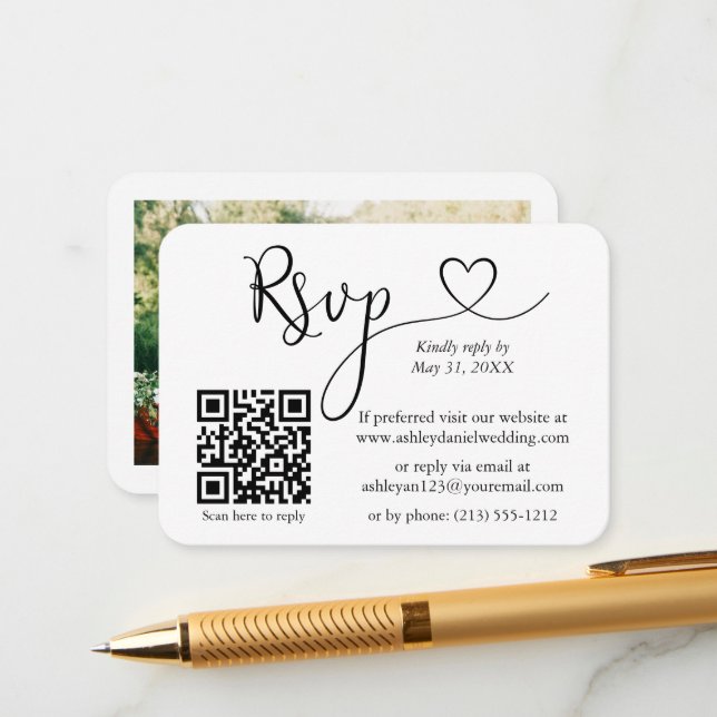 Tarjeta De Recepción Caligrafía Boda fotográfica cardíaca RSVP QR Blanc (Anverso/Reverso In Situ)
