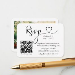 Tarjeta De Recepción Caligrafía Boda fotográfica cardíaca RSVP QR Blanc