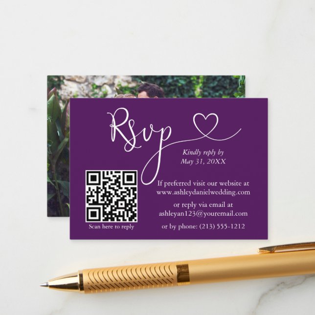 Tarjeta De Recepción Caligrafía Boda fotográfico cardíaco Purple QR RSV (Anverso/Reverso In Situ)