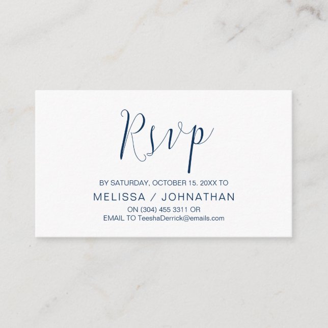 Tarjeta De Recepción Caligrafía boda, guión azul de la marina, cena RSV (Anverso)