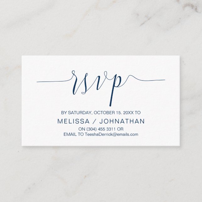 Tarjeta De Recepción Caligrafía boda, guión azul de la marina, cena RSV (Anverso)