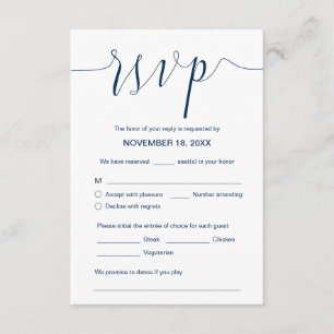 Tarjeta De Recepción Caligrafía boda, guión azul de la marina, cena RSV