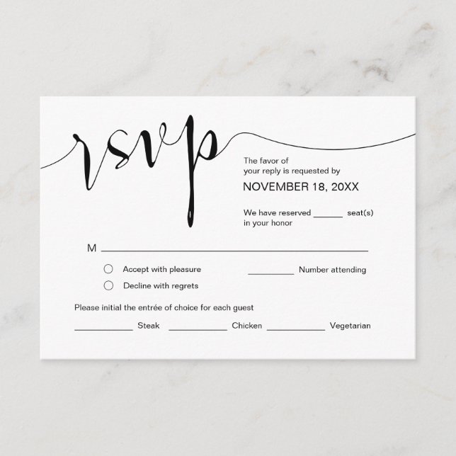 Tarjeta De Recepción Caligrafía boda, guión negro simple, RSVP (Anverso)