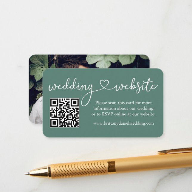 Tarjeta De Recepción Caligrafía Corazón Eucalyptus Boda Verde Web QR (Anverso/Reverso In Situ)