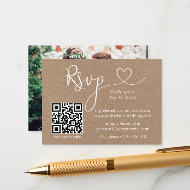 Tarjeta De Recepción Caligrafía Corazón QR Foto Kraft Wedding RSVP (Anverso/Reverso In Situ)