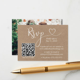Tarjeta De Recepción Caligrafía Corazón QR Foto Kraft Wedding RSVP