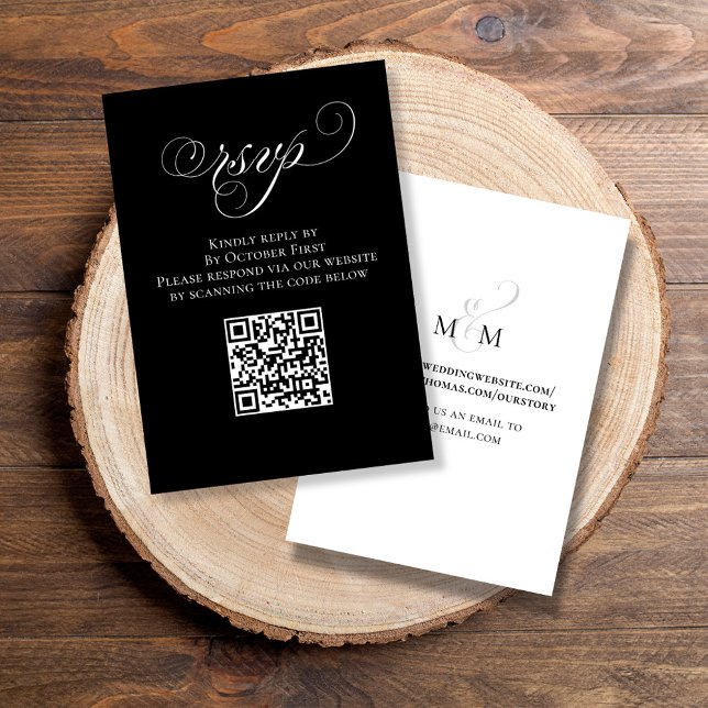 Tarjeta De Recepción Caligrafía de código QR blanco y negro RSVP (Elegant RSVP enclosure card with calligraphy script and QR Code. )