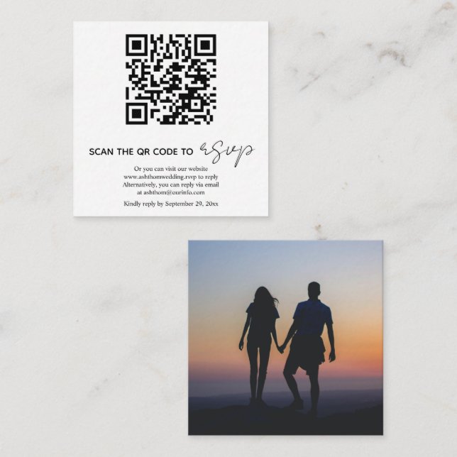 Tarjeta De Recepción Caligrafía de código QR boda fotográfico RSVP (Anverso / Reverso)