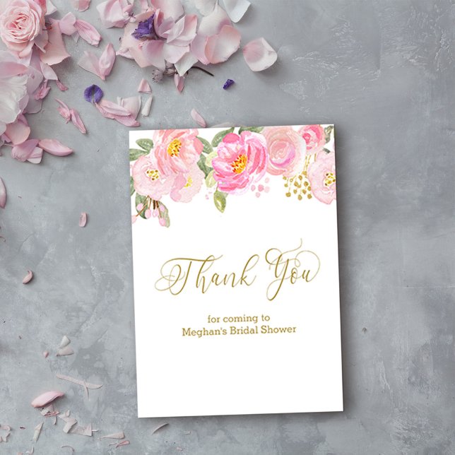 Tarjeta De Recepción Caligrafía de oro floral rosa Gracias por colocar  (Elegant thank you card from my Pink and Gold Watercolor Floral Collection)