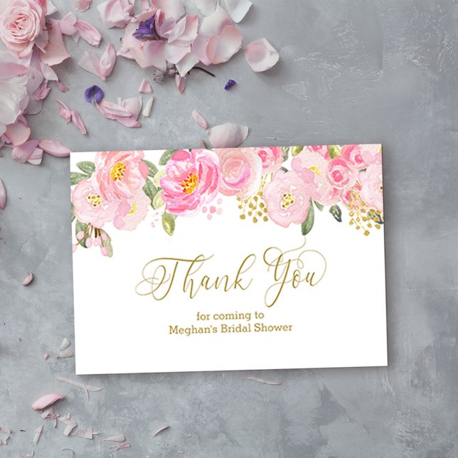 Tarjeta De Recepción Caligrafía de oro floral rosa y dorada gracias (Pretty thank you card from my Pink and Gold Watercolor Floral Collection)