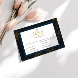 Tarjeta De Recepción Caligrafía floral azul y dorada Boda RSVP