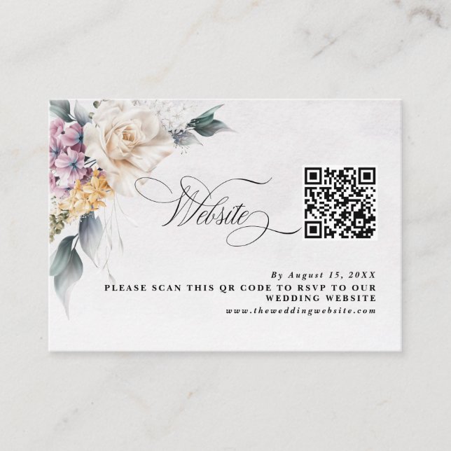 Tarjeta De Recepción Caligrafía floral de acuarela Boda de código QR (Anverso)