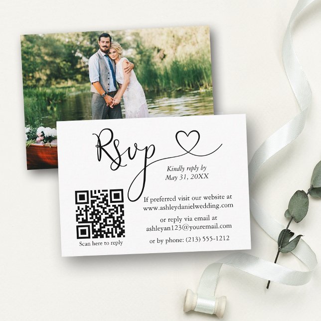 Tarjeta De Recepción Caligrafía Foto Corazón QR Boda RSVP (Customize to change your personalized text size or text style.)