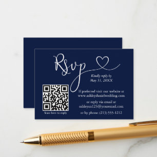 Tarjeta De Recepción Caligrafía moderna Boda del corazón QR RSVP Azul