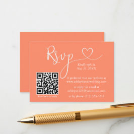 Tarjeta De Recepción Caligrafía moderna Boda del corazón QR RSVP Coral