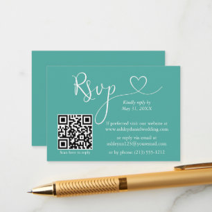 Tarjeta De Recepción Caligrafía moderna Boda del corazón QR RSVP Verde 