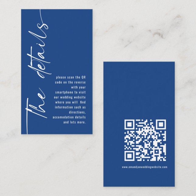 Tarjeta De Recepción Caligrafía moderna Código QR Detalles del Boda azu (Anverso / Reverso)