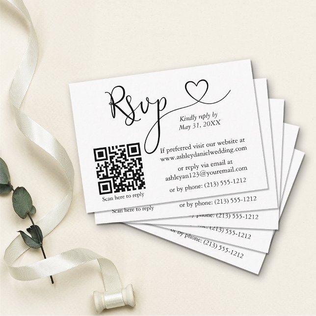 Tarjeta De Recepción Caligrafía moderna Corazón QR Boda RSVP (Customize to change your personalized text size or text style.)