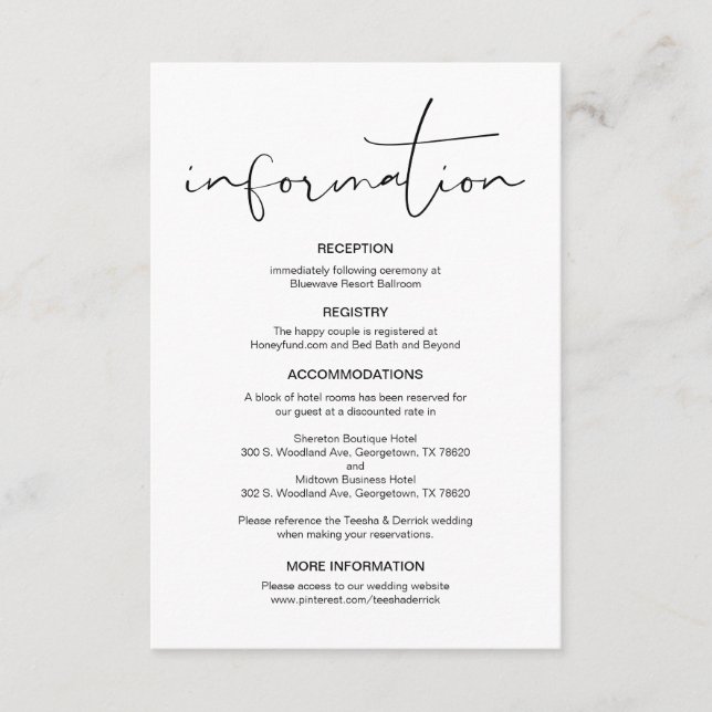 Tarjeta De Recepción Caligrafía moderna, detalles Bodas, información (Anverso)