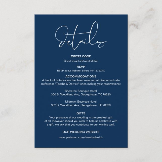 Tarjeta De Recepción Caligrafía moderna, detalles Bodas, información (Anverso)