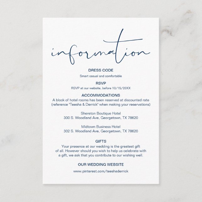 Tarjeta De Recepción Caligrafía moderna, detalles Bodas, información (Anverso)