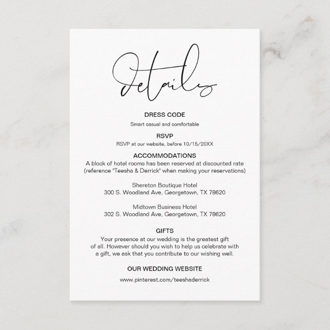 Tarjeta De Recepción Caligrafía moderna, detalles Bodas, información (Anverso)
