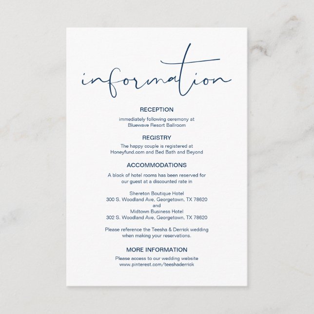 Tarjeta De Recepción Caligrafía moderna, detalles Bodas, información (Anverso)