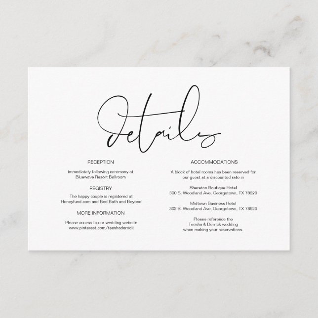 Tarjeta De Recepción Caligrafía moderna, detalles Bodas, información (Anverso)