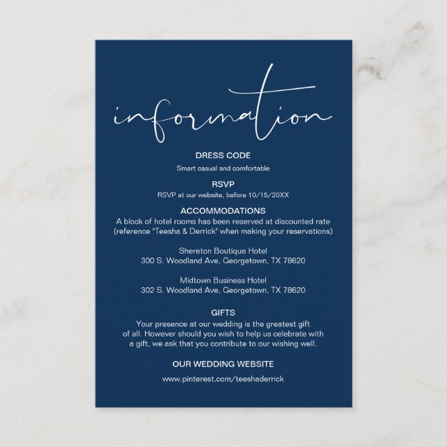 Tarjeta De Recepción Caligrafía moderna, detalles Bodas, información E (Anverso)