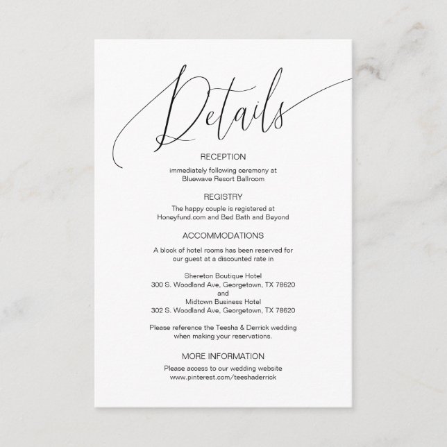 Tarjeta De Recepción Caligrafía moderna, detalles Bodas, información E (Anverso)