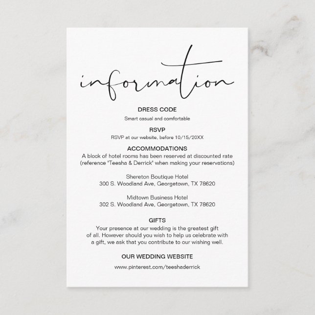 Tarjeta De Recepción Caligrafía moderna, detalles Bodas, información E (Anverso)