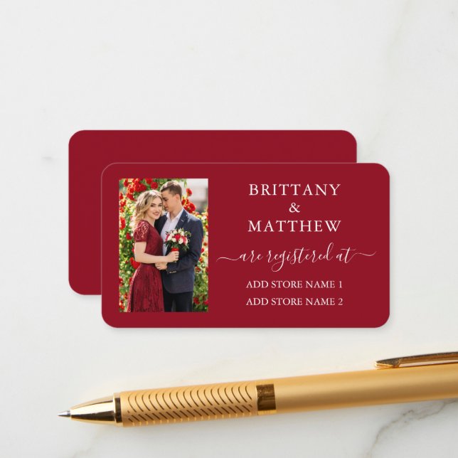 Tarjeta De Recepción Caligrafía moderna foto registro de boda rojo (Anverso/Reverso In Situ)